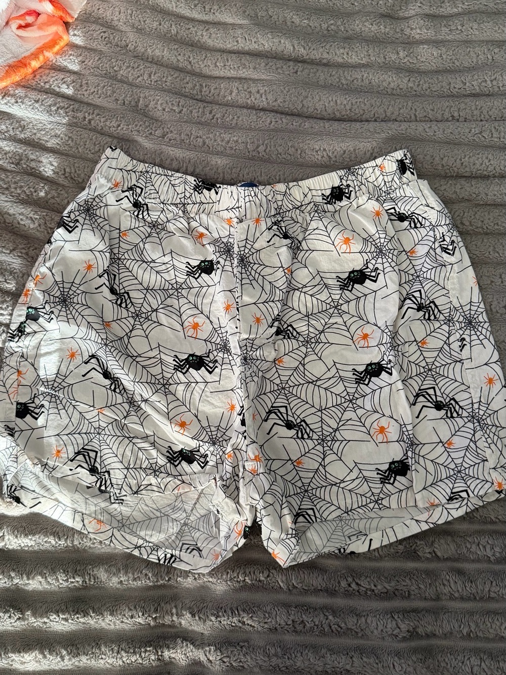 Old Navy White Spider Web Print Shorts with Black and Orange Accents